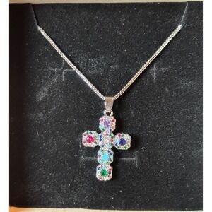 Multi Color Gemstone Cross Pendant Necklace Sterling Silver Box Chain Adjustable